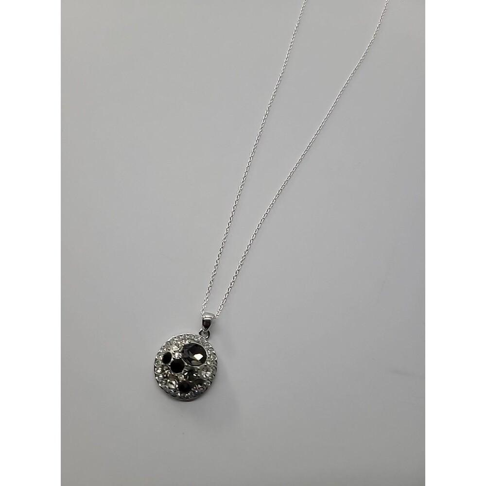 Vintage Silver Tone Black Clear Crystal Circular Pendant Chain Necklace 18 In - Picture 9 of 11